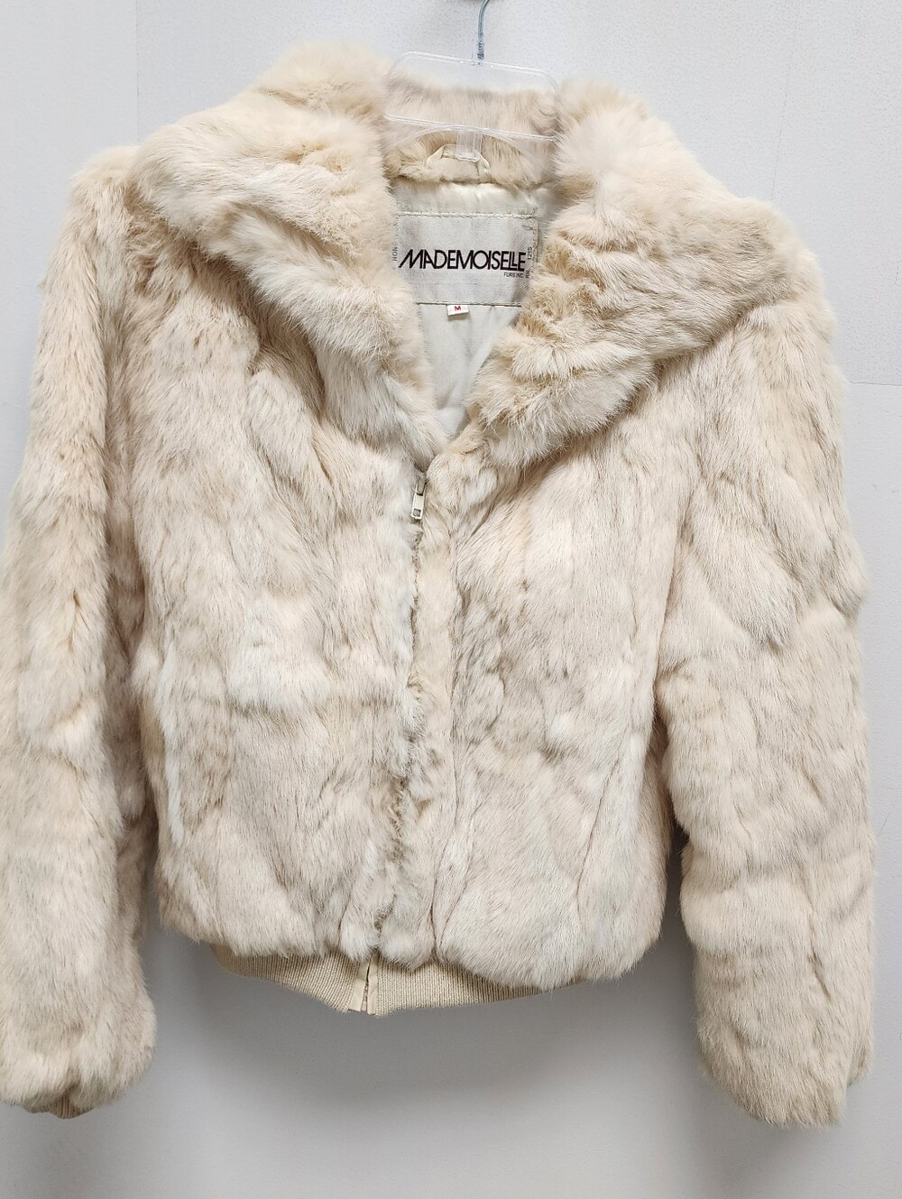 vintage Mademoiselle Beige Genuine Rabbit Fur Bomber Jacket M Zip Front Lined